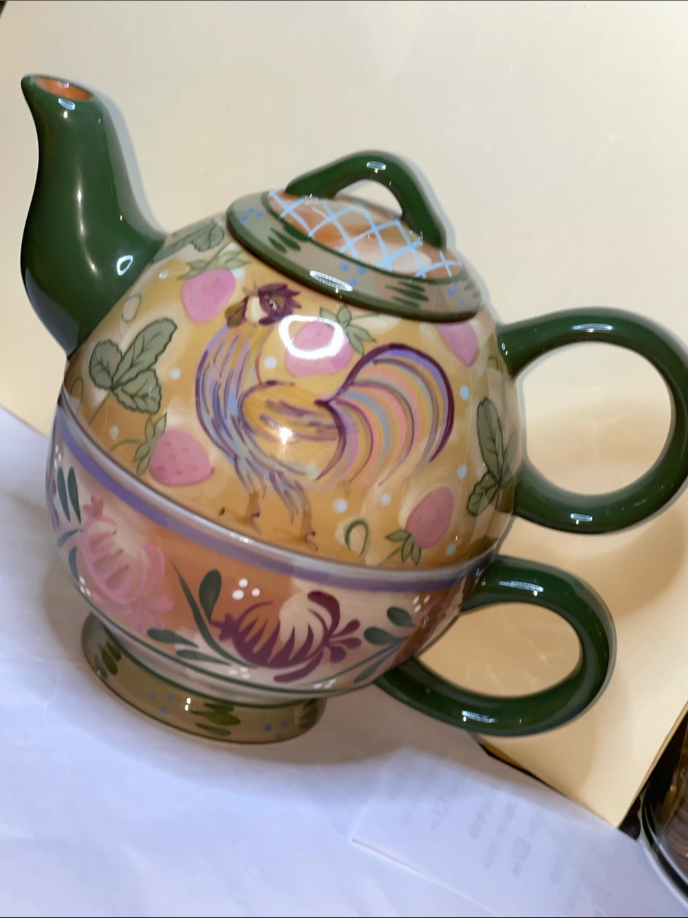 Individual TEAPOT & MUG SET Rooster & Strawberry Design - Ceramic